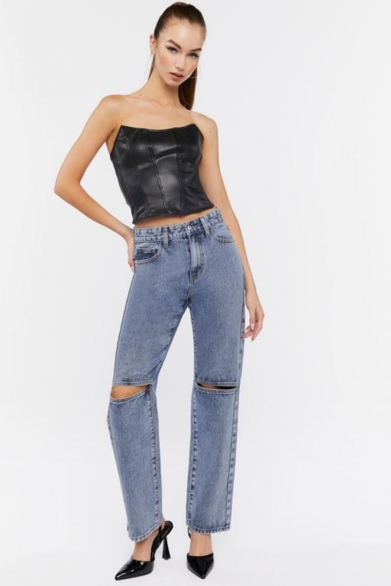 Jeans Forever 21 Split Knee Relaxed High Rise Mujer Azules | 7qVDj2VS0HF