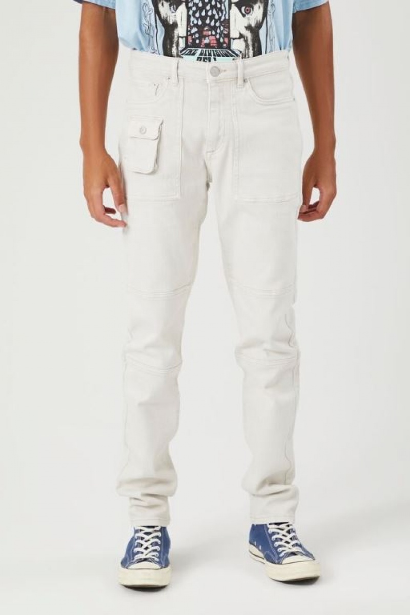 Jeans Forever 21 Stretch Denim Cargo Hombre Creme | oFnbYL3cuH5