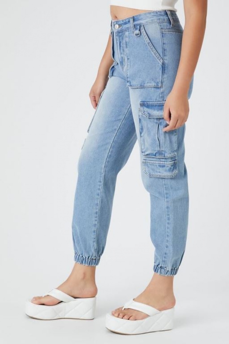 Jeans Forever 21 Stretch Denim Cargo Joggers Mujer Azules Claro | HfLx8x3Y1JP