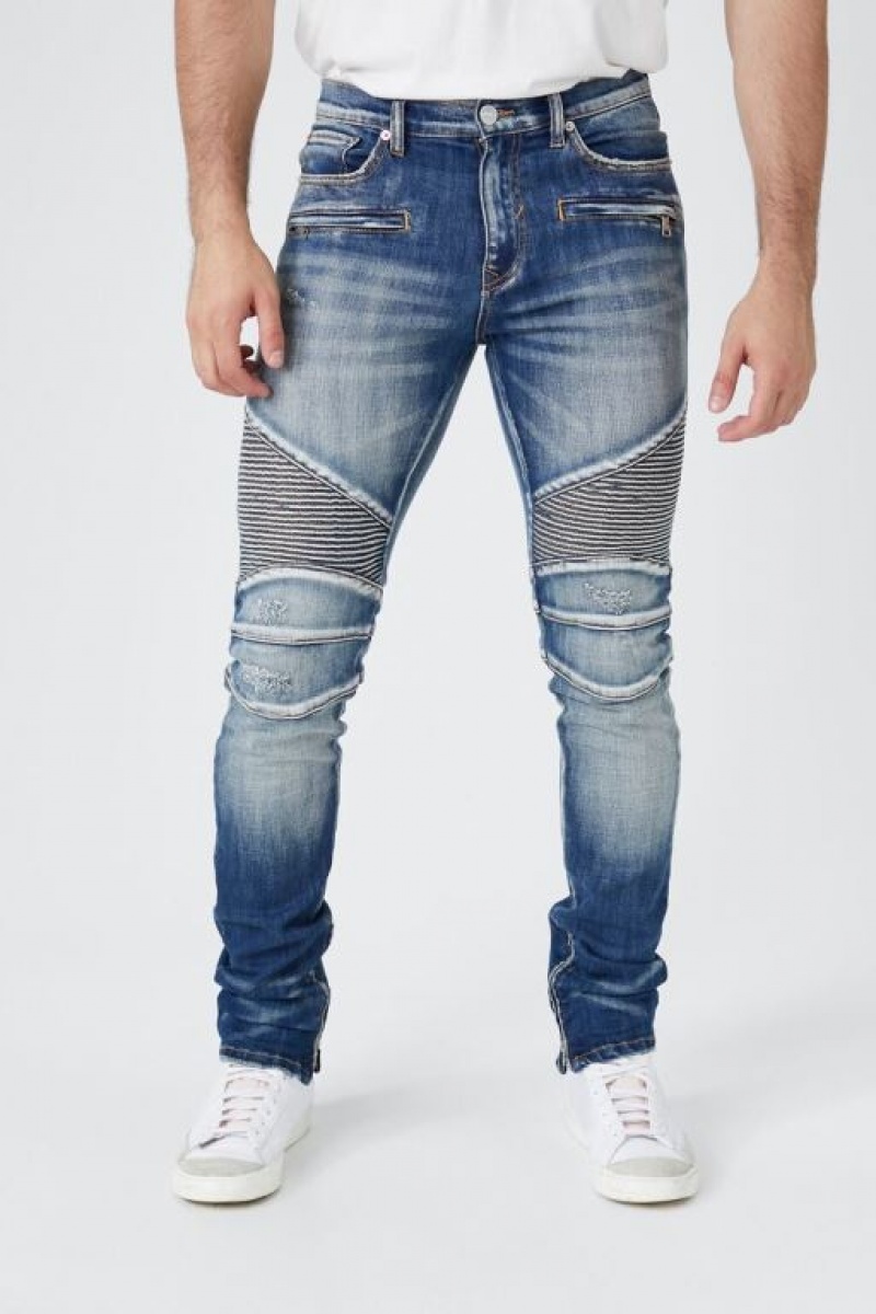 Jeans Forever 21 Stretch Denim Moto Flaco Hombre Azules | LnwnZd0qtN6