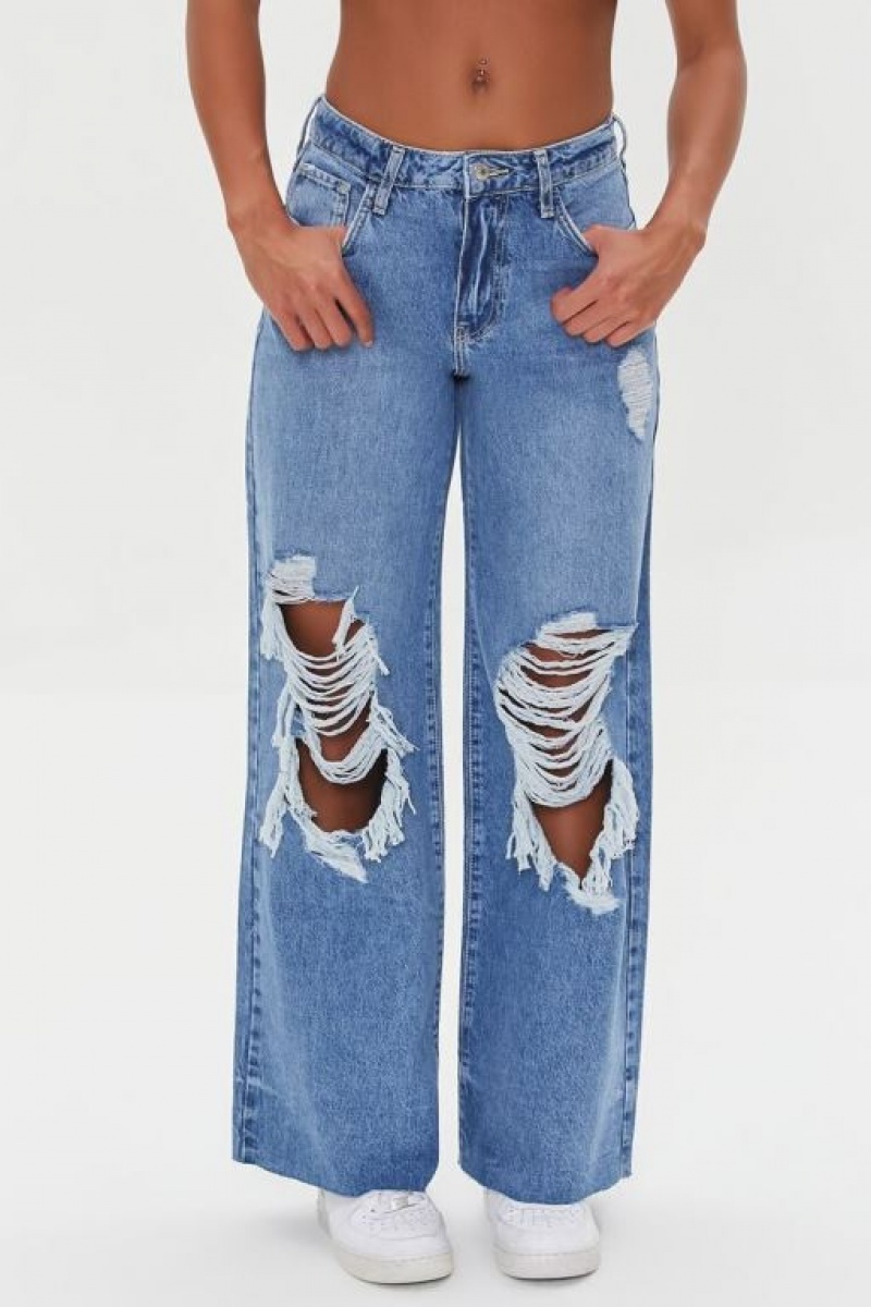 Jeans Forever 21 Wide Leg Distressed Mujer Azules | VwVUp0Mikxz