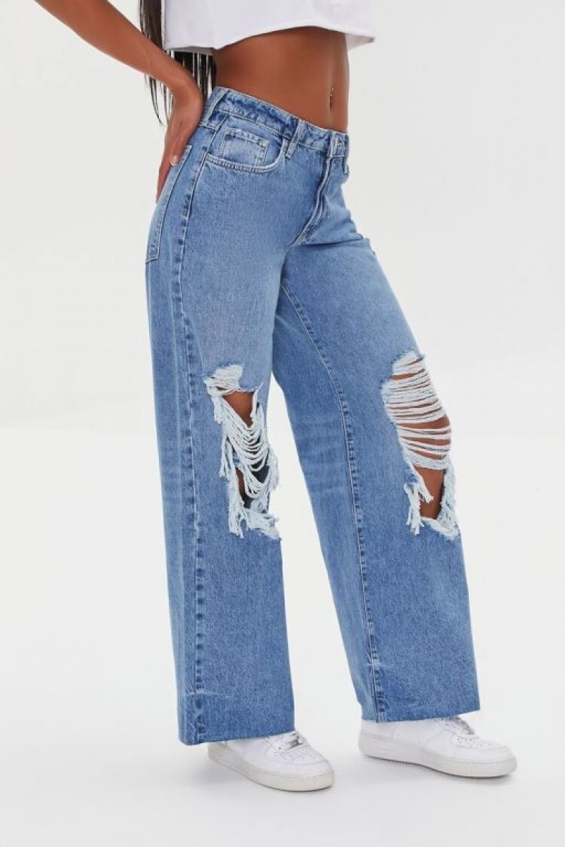 Jeans Forever 21 Wide Leg Distressed Mujer Azules | VwVUp0Mikxz