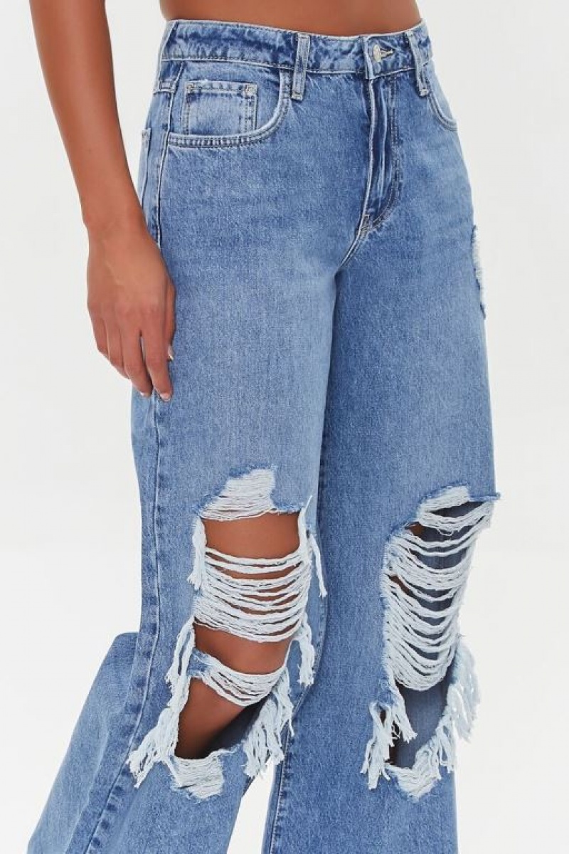 Jeans Forever 21 Wide Leg Distressed Mujer Azules | VwVUp0Mikxz