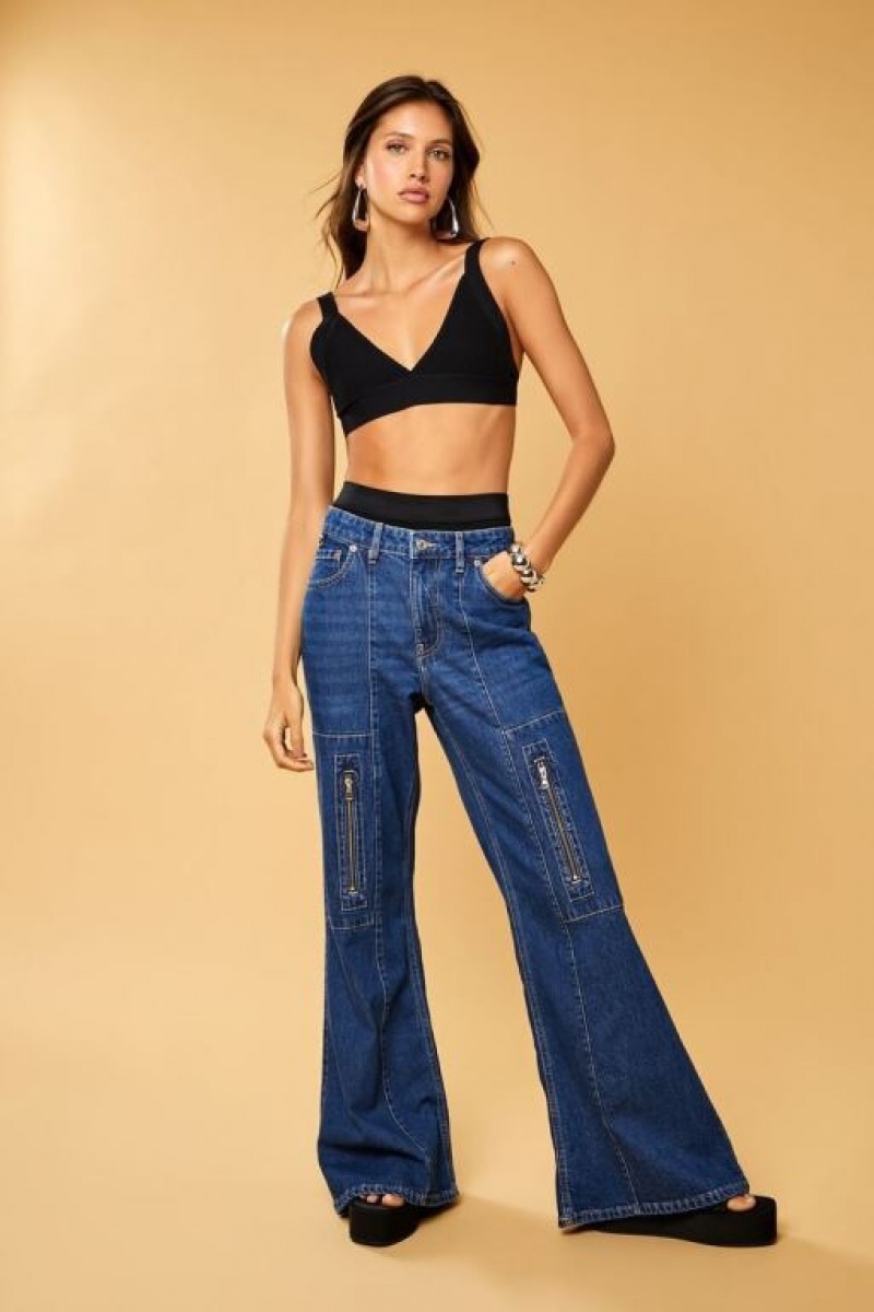 Jeans Forever 21 Zipper Cargo Mid Rise Flare Mujer Azules | gwizzNoKUP3