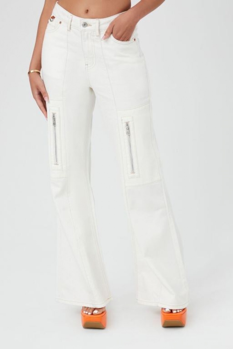 Jeans Forever 21 Zippered Wide Leg Cargo Mujer Creme | 8HDf4PyiQTb