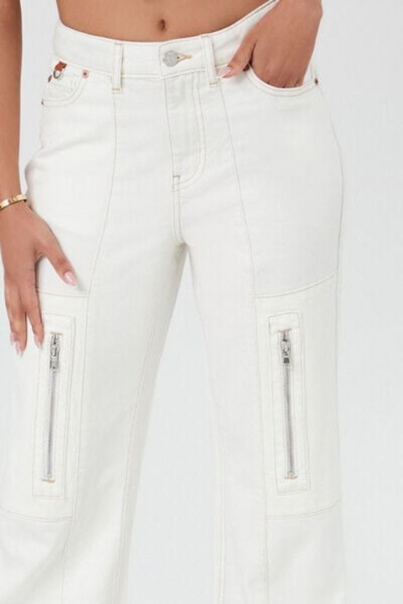 Jeans Forever 21 Zippered Wide Leg Cargo Mujer Creme | 8HDf4PyiQTb