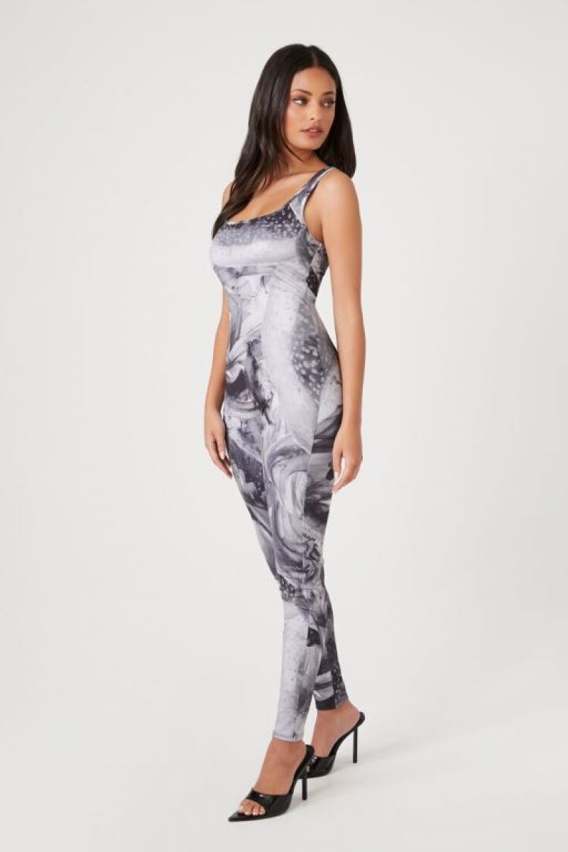 Jumpsuits Forever 21 Abstract Print Fitted Jumpsuit Mujer Gris Multicolor | UnzQwTrX3bR