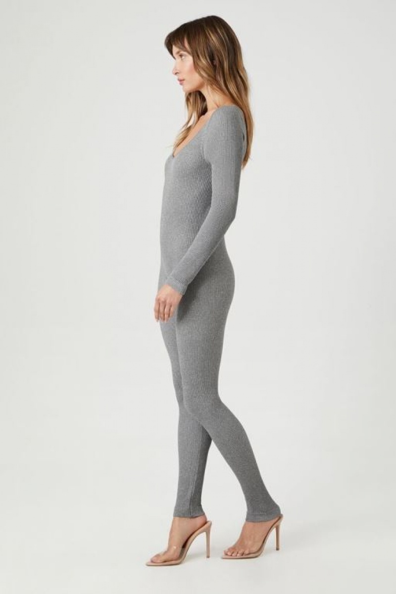 Jumpsuits Forever 21 Acanalado Long Sleeve Jumpsuit Mujer Gris | 6fw9hgUOIu3