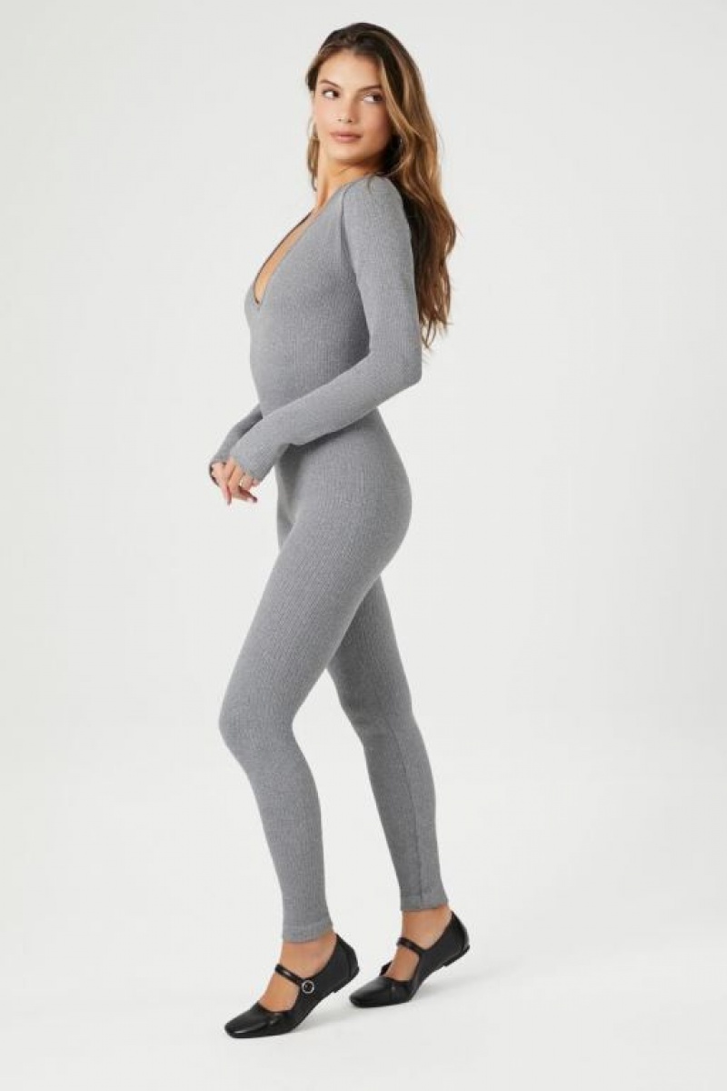 Jumpsuits Forever 21 Acanalado V Neck Jumpsuit Mujer Gris | 26GUMxNxSeQ