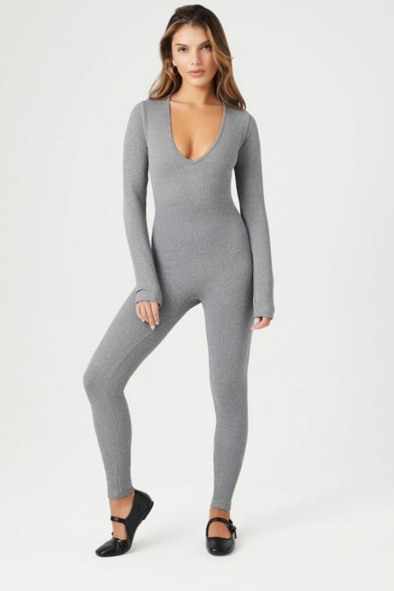 Jumpsuits Forever 21 Acanalado V Neck Jumpsuit Mujer Gris | 26GUMxNxSeQ