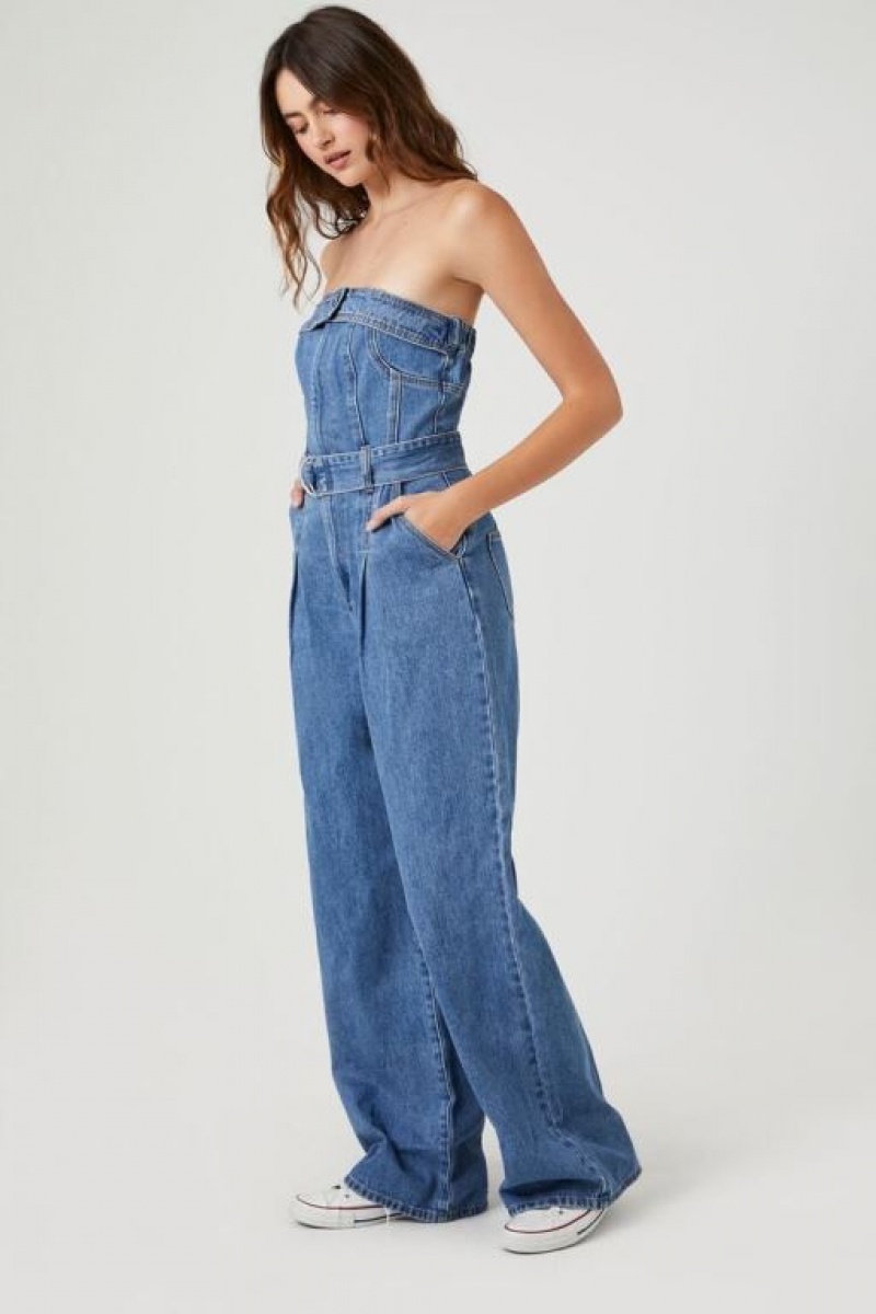 Jumpsuits Forever 21 Belted Denim Tube Jumpsuit Mujer Azules | 0Zd9KuidETM