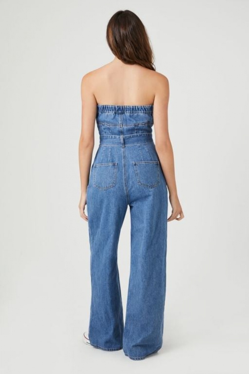 Jumpsuits Forever 21 Belted Denim Tube Jumpsuit Mujer Azules | 0Zd9KuidETM