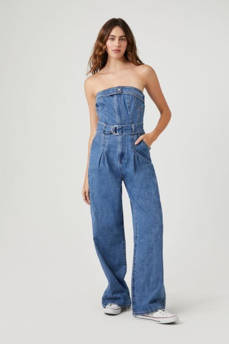 Jumpsuits Forever 21 Belted Denim Tube Jumpsuit Mujer Azules | 0Zd9KuidETM