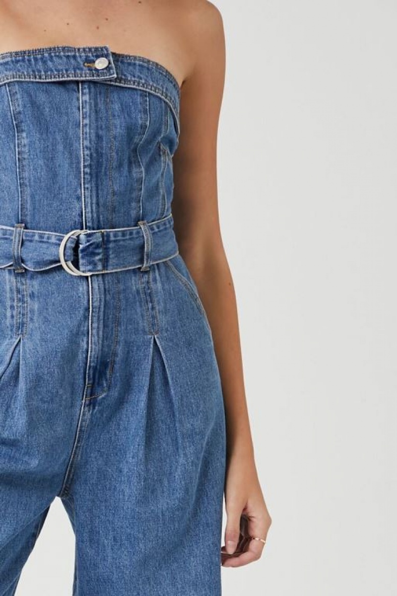 Jumpsuits Forever 21 Belted Denim Tube Jumpsuit Mujer Azules | 0Zd9KuidETM