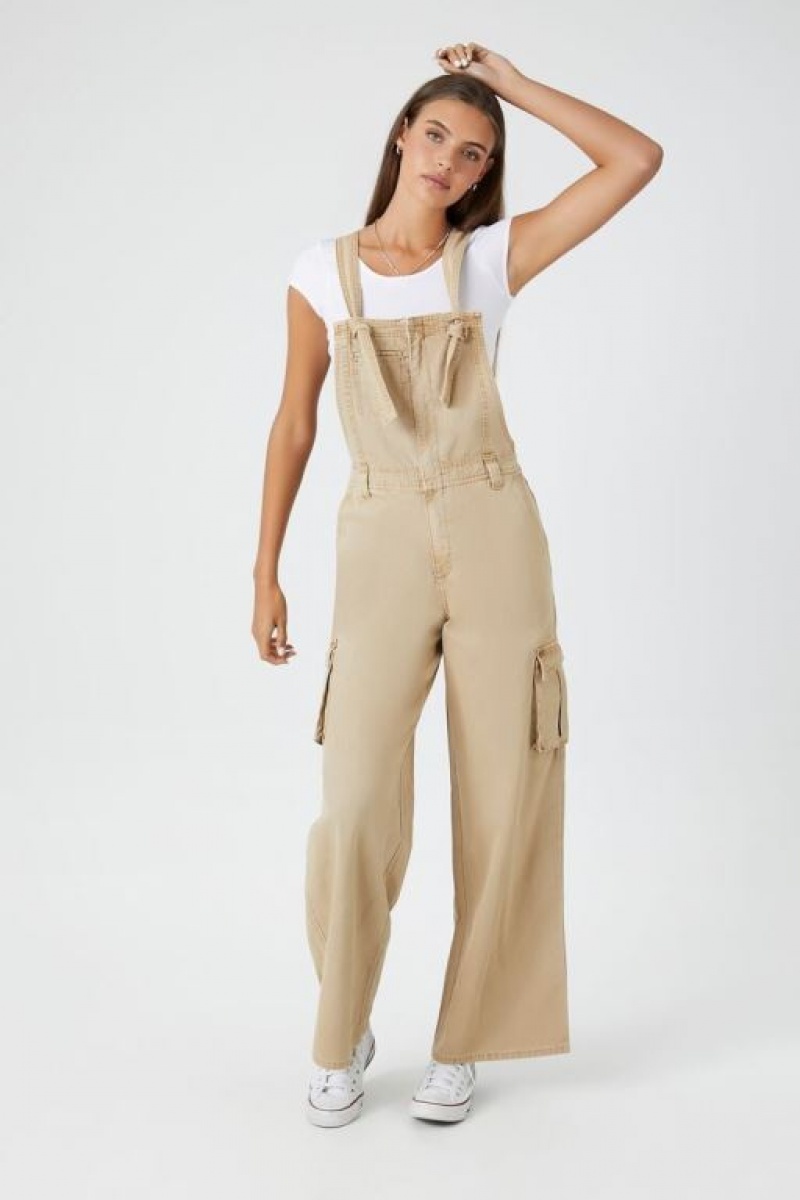 Jumpsuits Forever 21 Canvas Cargo Wide Leg Overalls Mujer Marrones | GKcWyIpwaUa