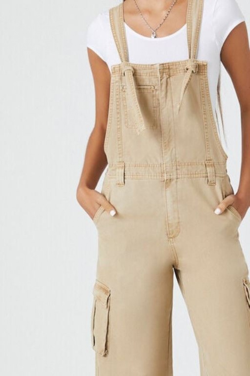 Jumpsuits Forever 21 Canvas Cargo Wide Leg Overalls Mujer Marrones | GKcWyIpwaUa