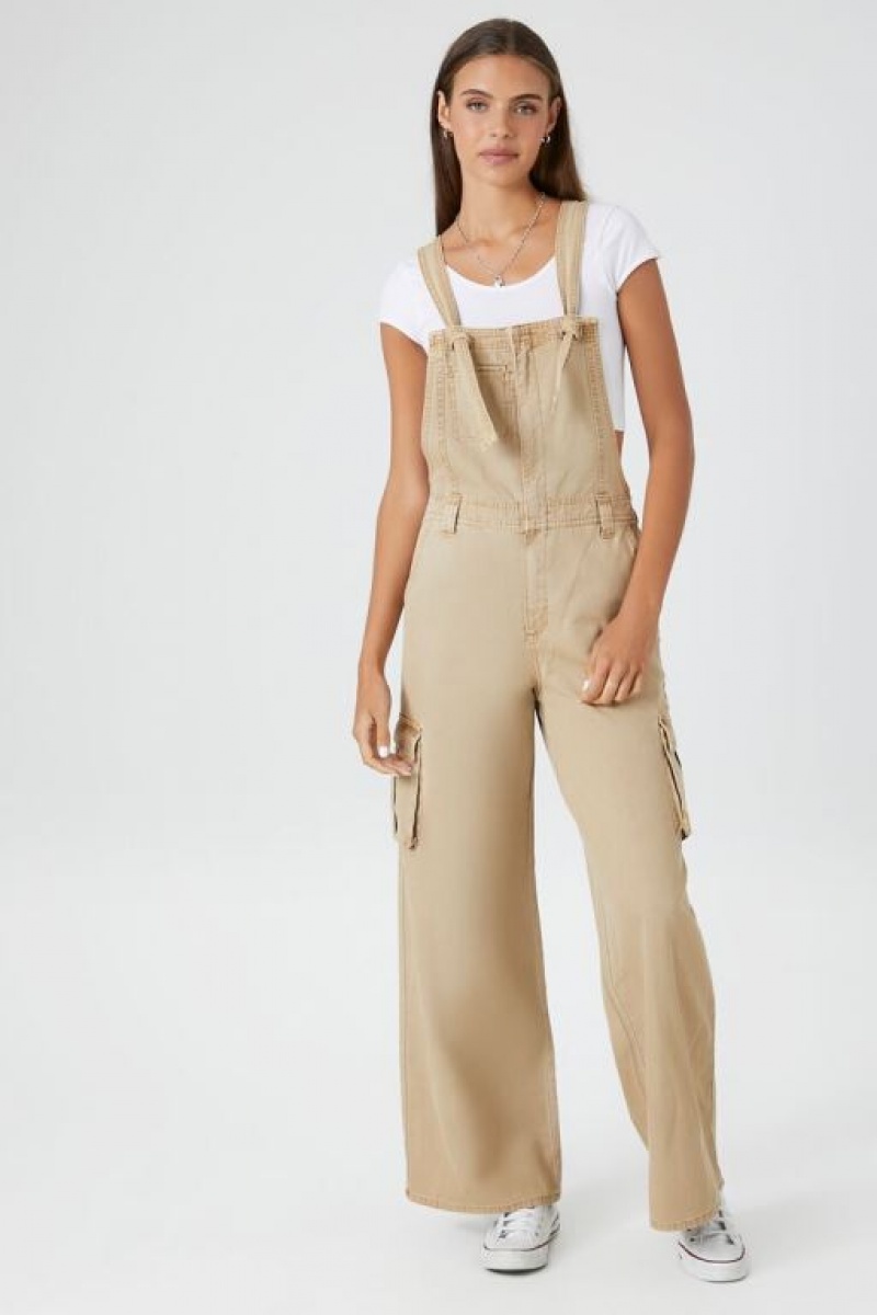 Jumpsuits Forever 21 Canvas Cargo Wide Leg Overalls Mujer Marrones | GKcWyIpwaUa