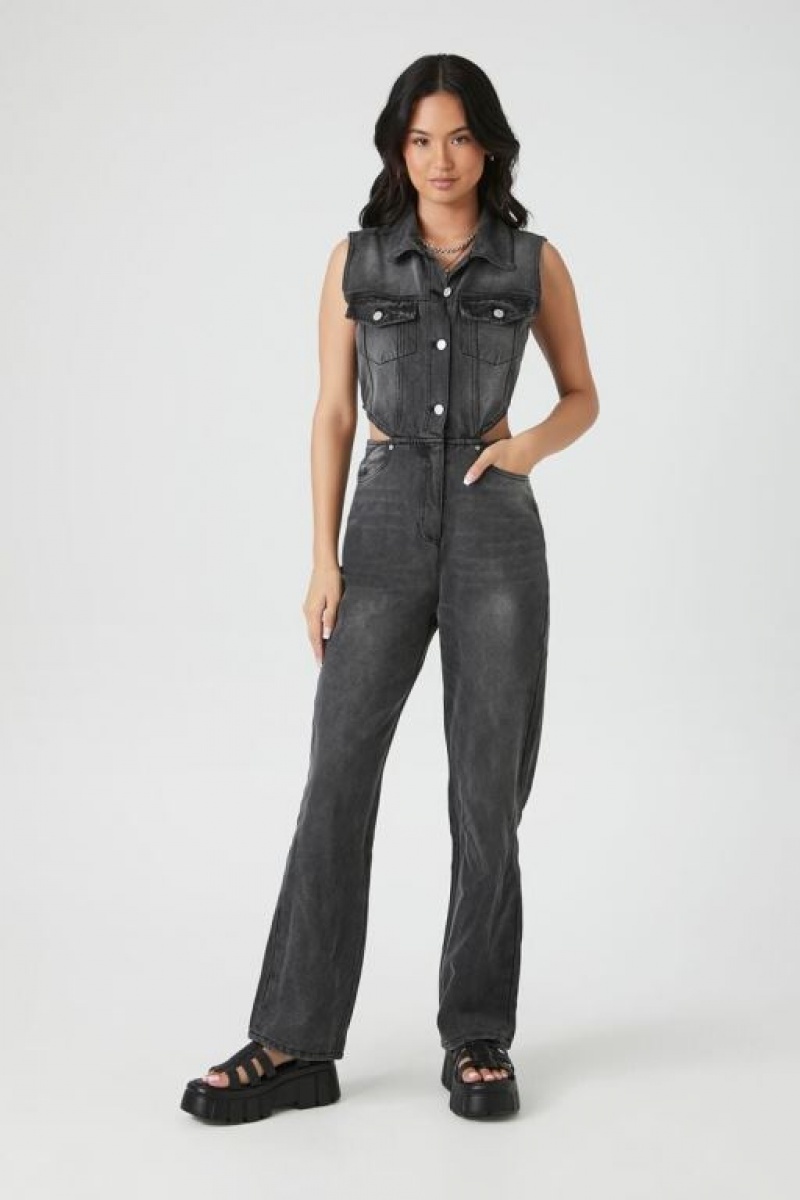 Jumpsuits Forever 21 Cutout Denim Jumpsuit Mujer Gris | KRHah6oBlvv