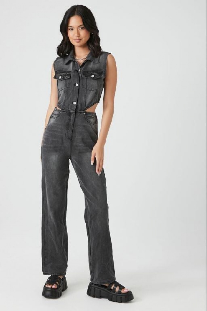 Jumpsuits Forever 21 Cutout Denim Jumpsuit Mujer Gris | KRHah6oBlvv