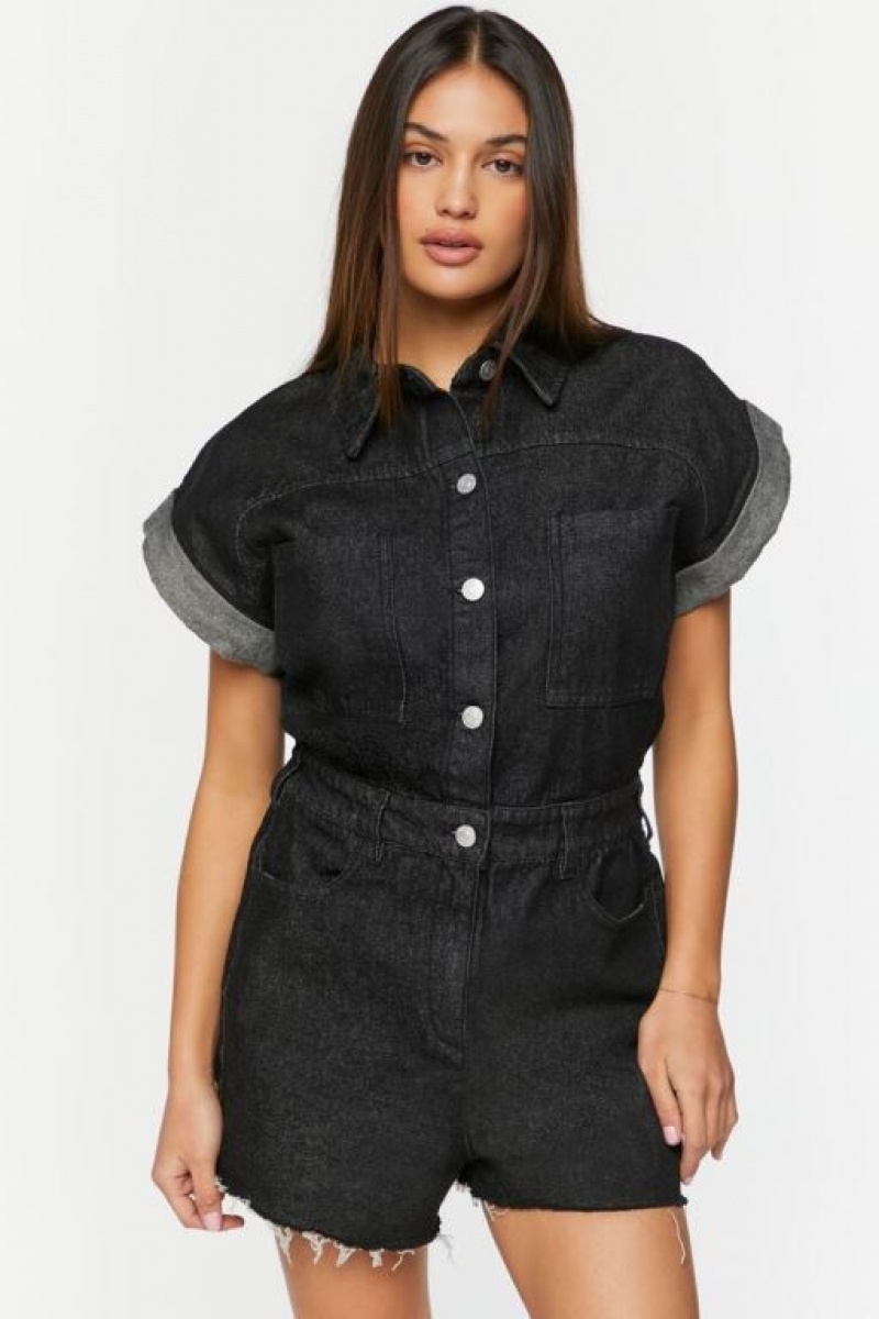 Jumpsuits Forever 21 Denim Cuffed Sleeve Romper Mujer Negras | gCDLjqbeiEw