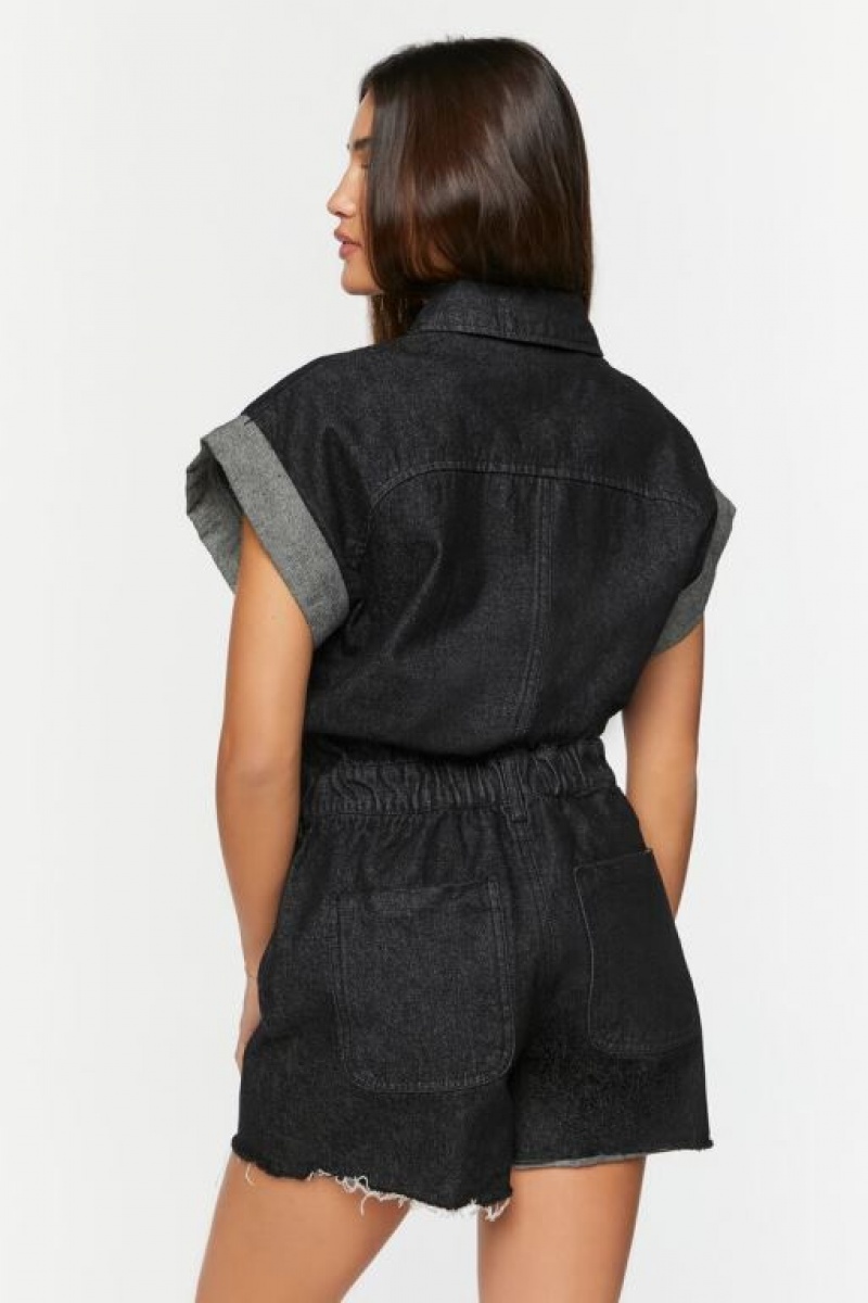 Jumpsuits Forever 21 Denim Cuffed Sleeve Romper Mujer Negras | gCDLjqbeiEw