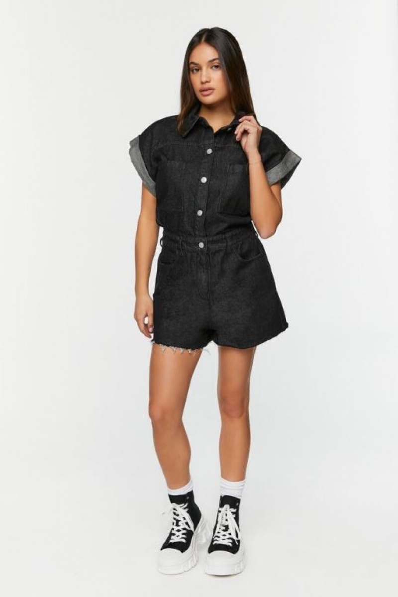 Jumpsuits Forever 21 Denim Cuffed Sleeve Romper Mujer Negras | gCDLjqbeiEw