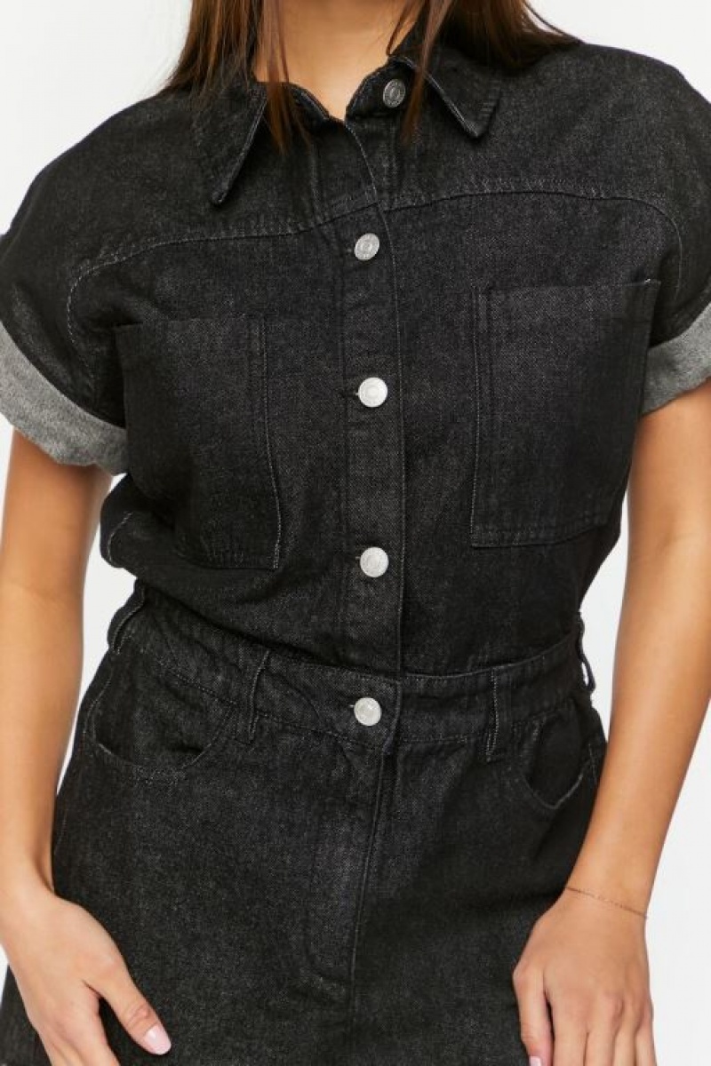 Jumpsuits Forever 21 Denim Cuffed Sleeve Romper Mujer Negras | gCDLjqbeiEw