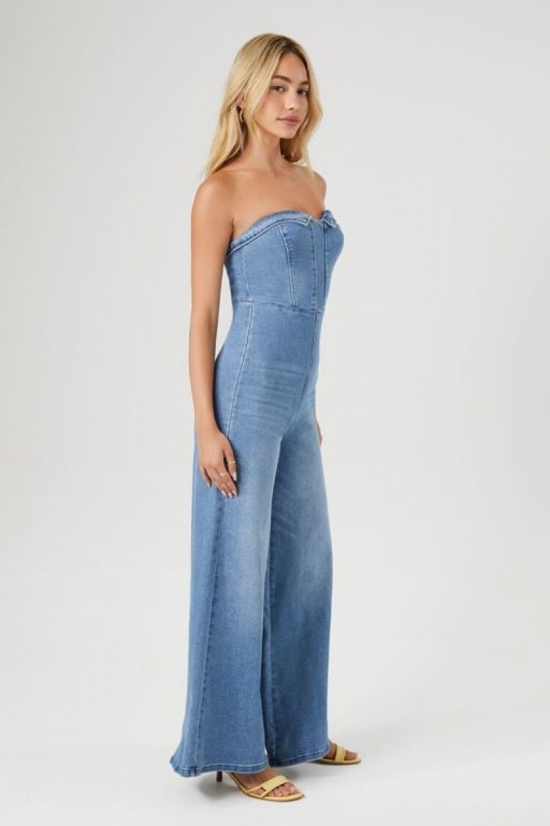 Jumpsuits Forever 21 Denim Sweetheart Wide Leg Jumpsuit Mujer Azules | M54hsydB4fp