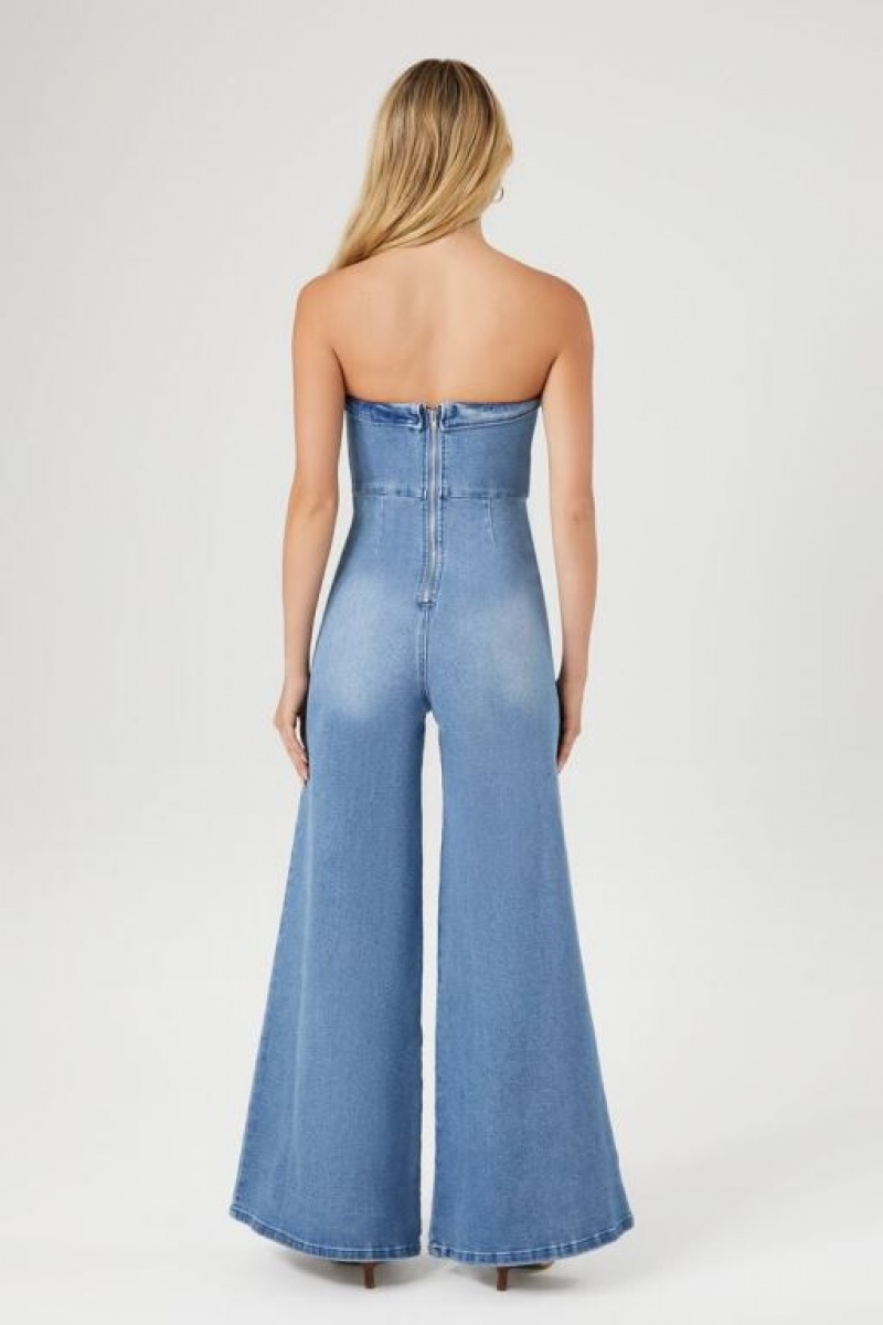 Jumpsuits Forever 21 Denim Sweetheart Wide Leg Jumpsuit Mujer Azules | M54hsydB4fp