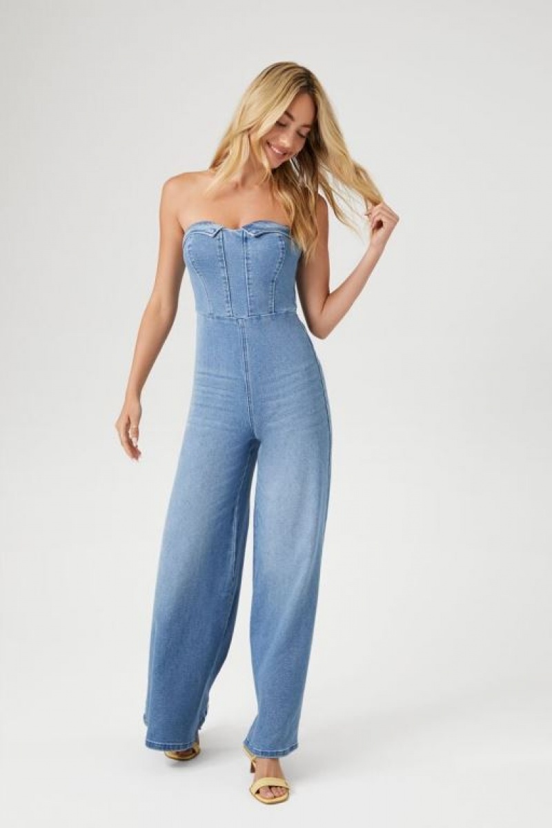 Jumpsuits Forever 21 Denim Sweetheart Wide Leg Jumpsuit Mujer Azules | M54hsydB4fp