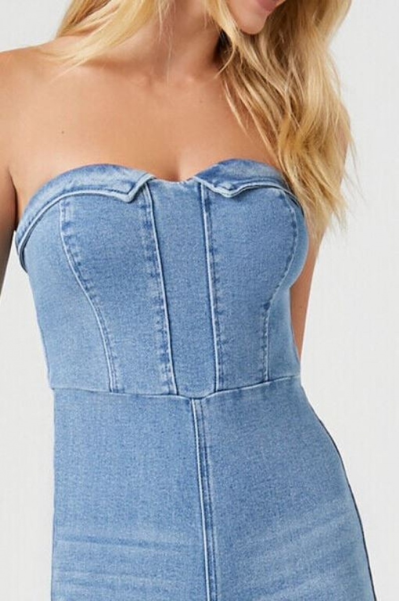 Jumpsuits Forever 21 Denim Sweetheart Wide Leg Jumpsuit Mujer Azules | M54hsydB4fp