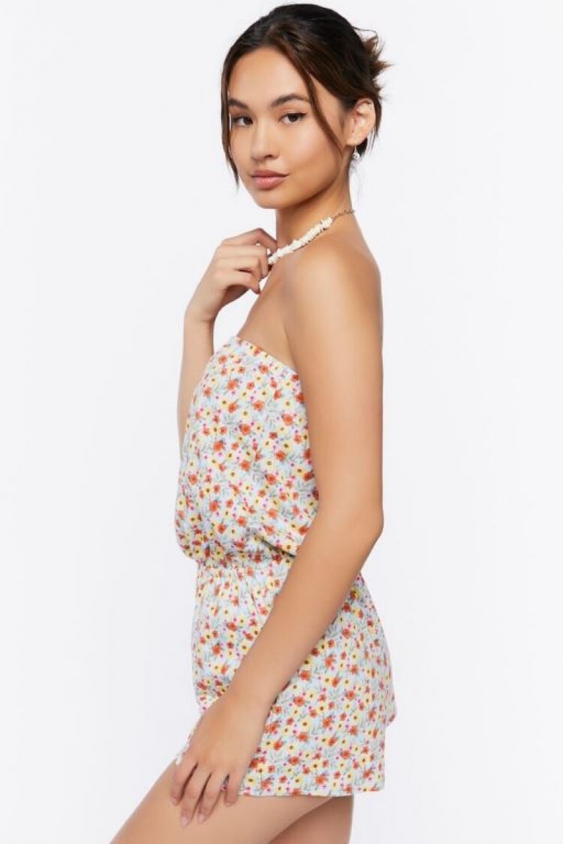 Jumpsuits Forever 21 Ditsy Floral Print Strapless Romper Mujer Azules Multicolor | cIl1go0TsGI