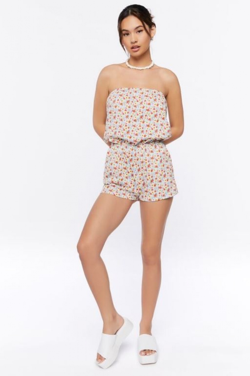 Jumpsuits Forever 21 Ditsy Floral Print Strapless Romper Mujer Azules Multicolor | cIl1go0TsGI