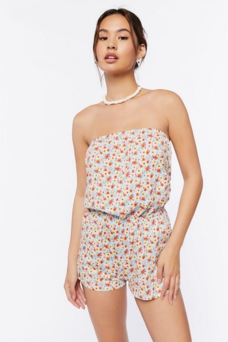 Jumpsuits Forever 21 Ditsy Floral Print Strapless Romper Mujer Azules Multicolor | cIl1go0TsGI