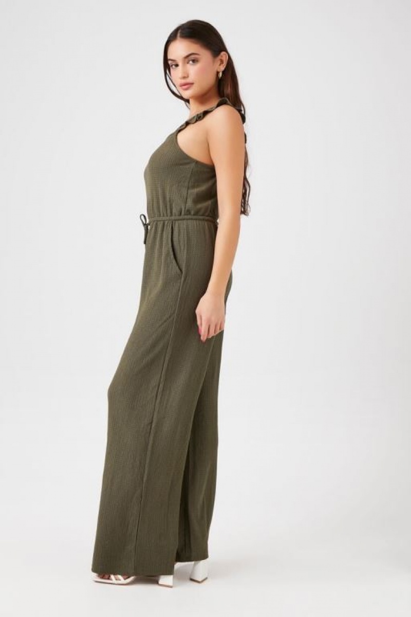 Jumpsuits Forever 21 Drawstring Wide Leg Jumpsuit Mujer Verde Oliva | WTmnC76bPPP