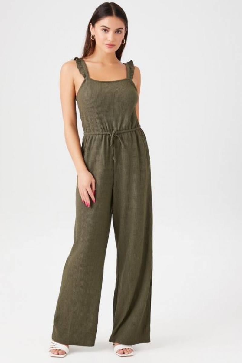 Jumpsuits Forever 21 Drawstring Wide Leg Jumpsuit Mujer Verde Oliva | WTmnC76bPPP