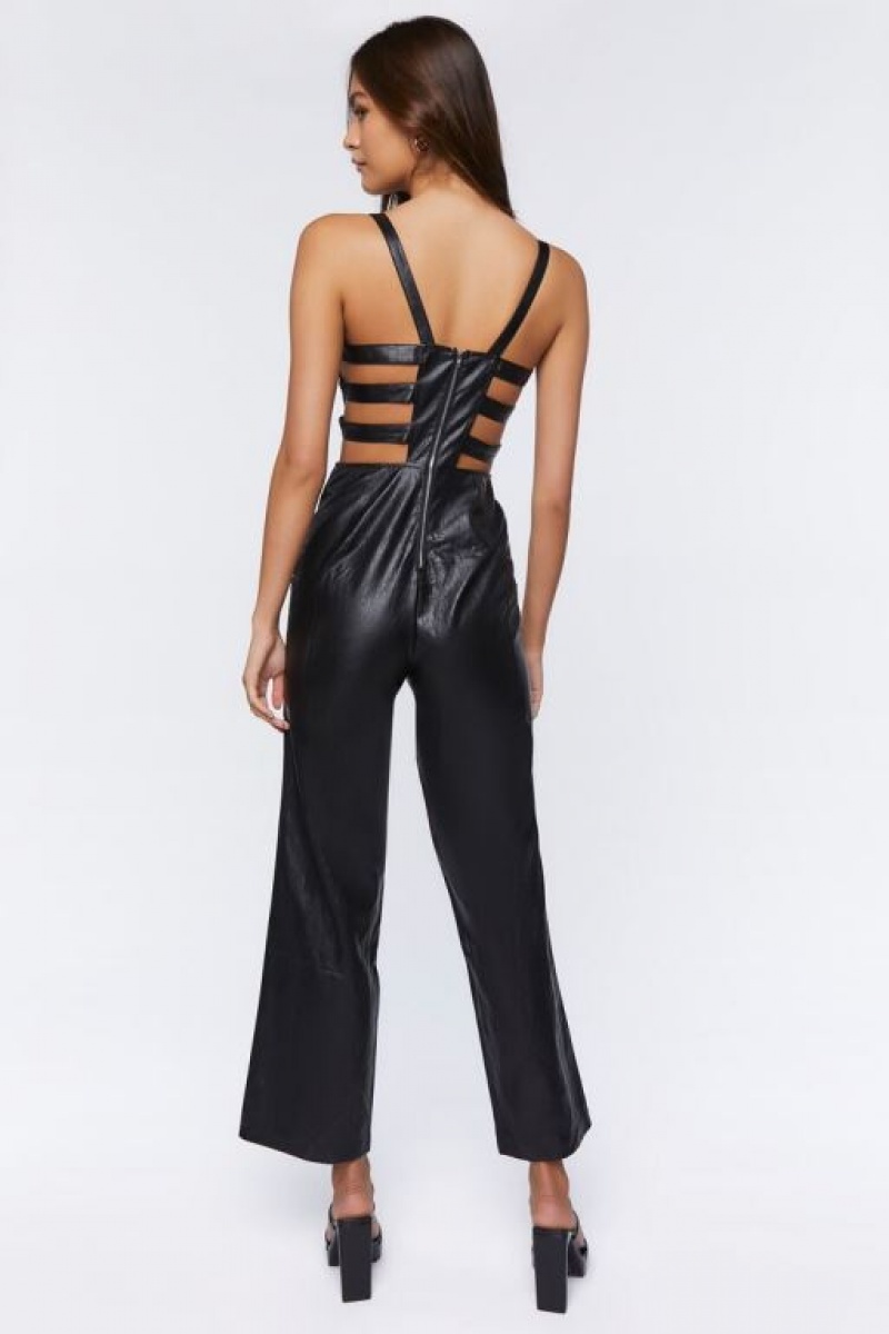 Jumpsuits Forever 21 Faux Cuero Cutout Jumpsuit Mujer Negras | NzvOjZPIQMw