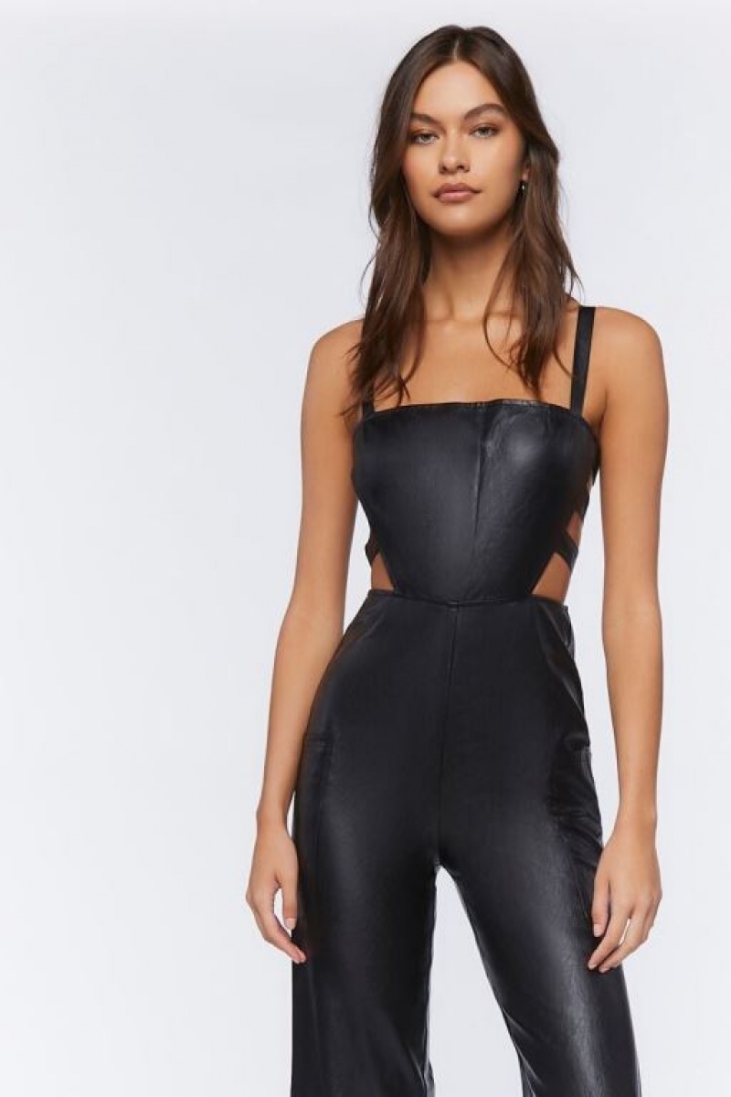 Jumpsuits Forever 21 Faux Cuero Cutout Jumpsuit Mujer Negras | NzvOjZPIQMw