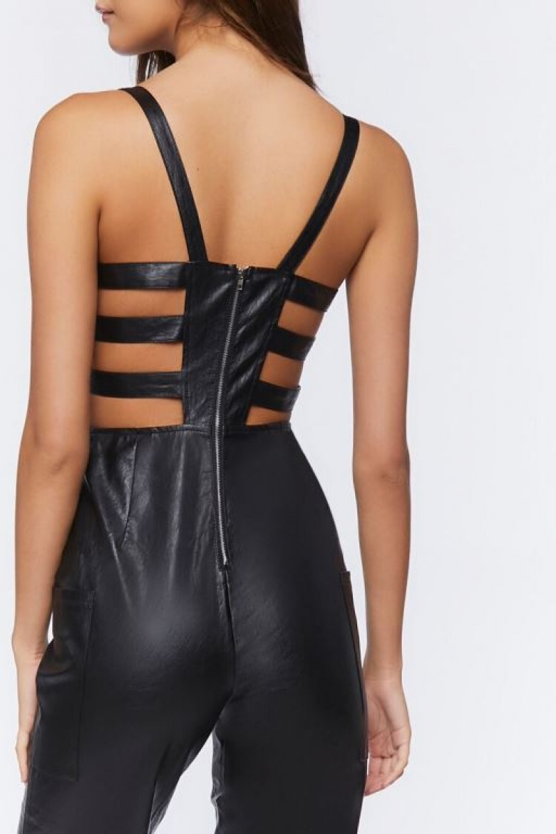 Jumpsuits Forever 21 Faux Cuero Cutout Jumpsuit Mujer Negras | NzvOjZPIQMw