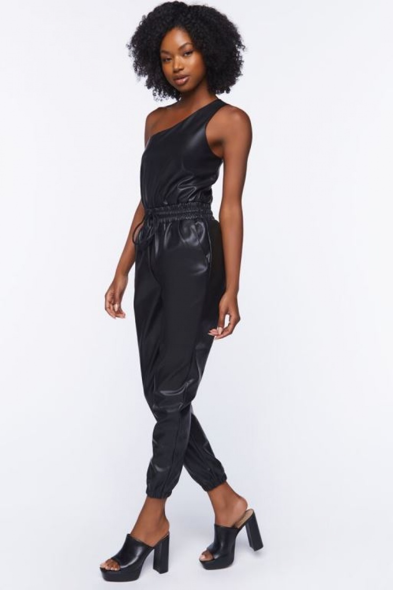 Jumpsuits Forever 21 Faux Cuero One Shoulder Jumpsuit Mujer Negras | b22UCA3FiWj