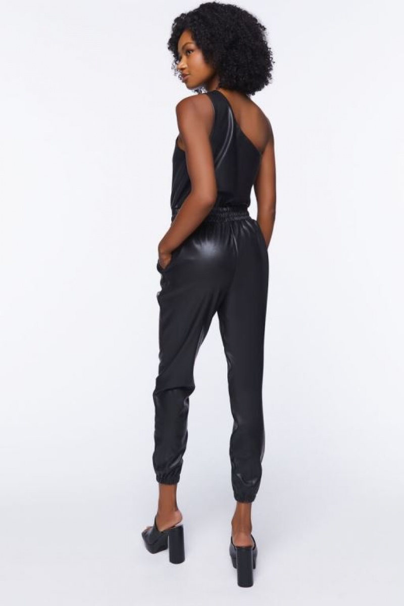 Jumpsuits Forever 21 Faux Cuero One Shoulder Jumpsuit Mujer Negras | b22UCA3FiWj