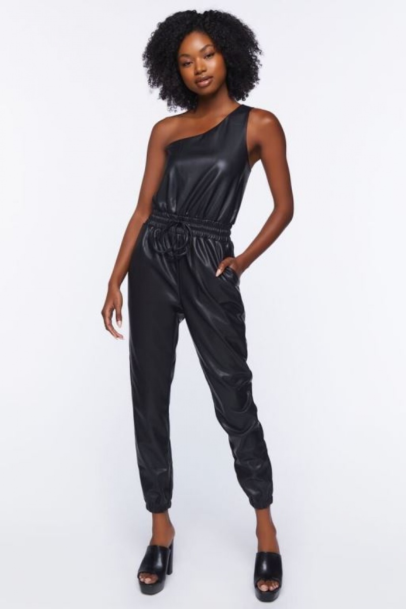 Jumpsuits Forever 21 Faux Cuero One Shoulder Jumpsuit Mujer Negras | b22UCA3FiWj