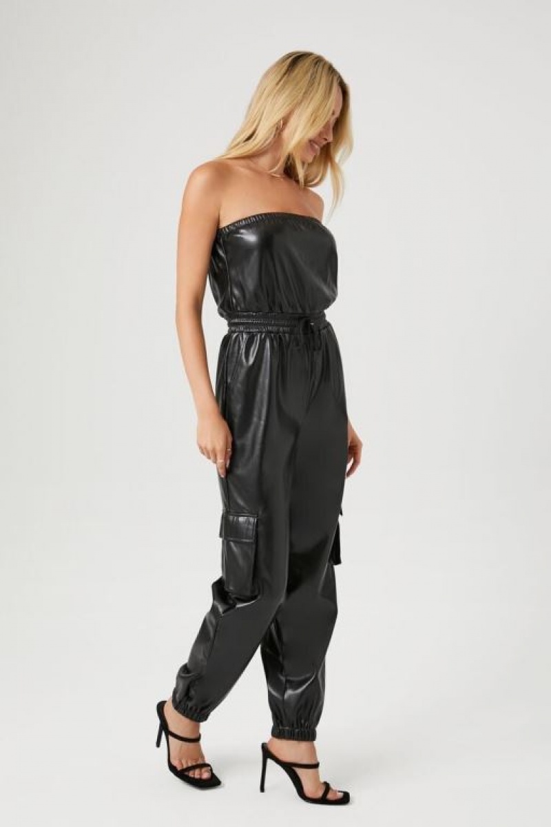 Jumpsuits Forever 21 Faux Cuero Strapless Jumpsuit Mujer Negras | aEOfzarHlMF