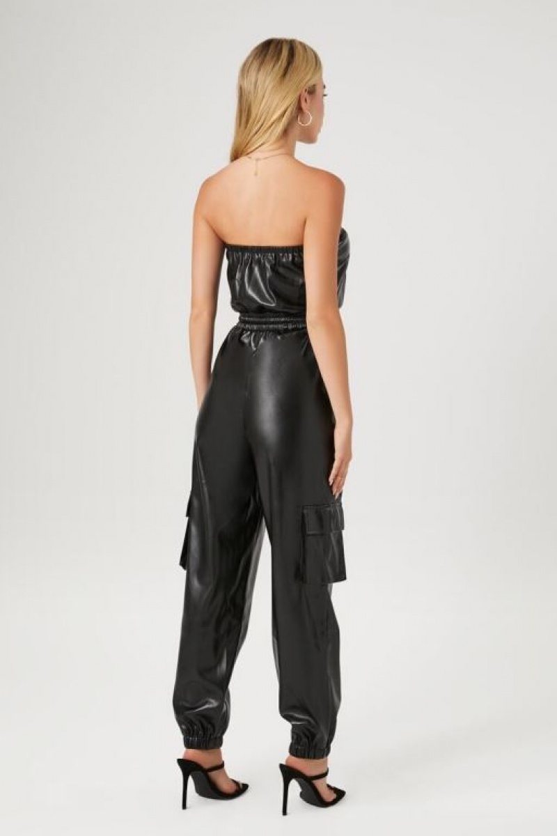 Jumpsuits Forever 21 Faux Cuero Strapless Jumpsuit Mujer Negras | aEOfzarHlMF