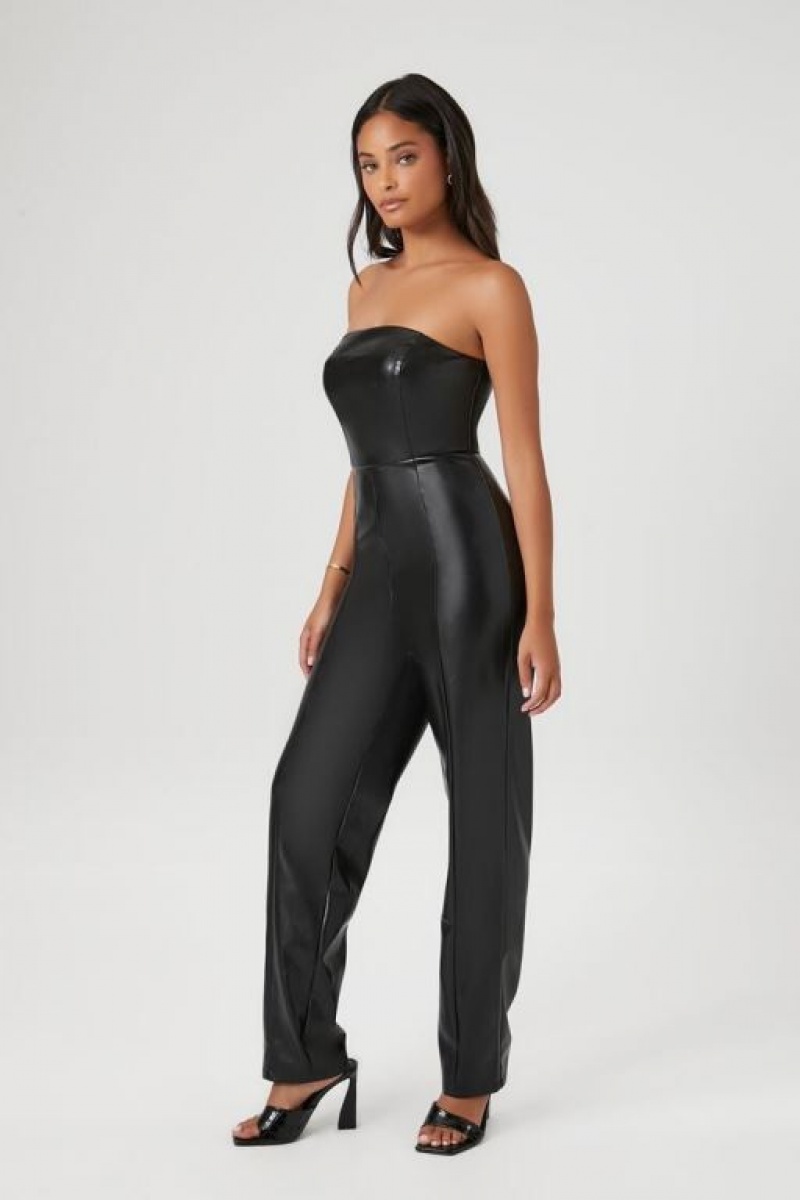 Jumpsuits Forever 21 Faux Cuero Strapless Jumpsuit Mujer Negras | Al53K9Q2UOa