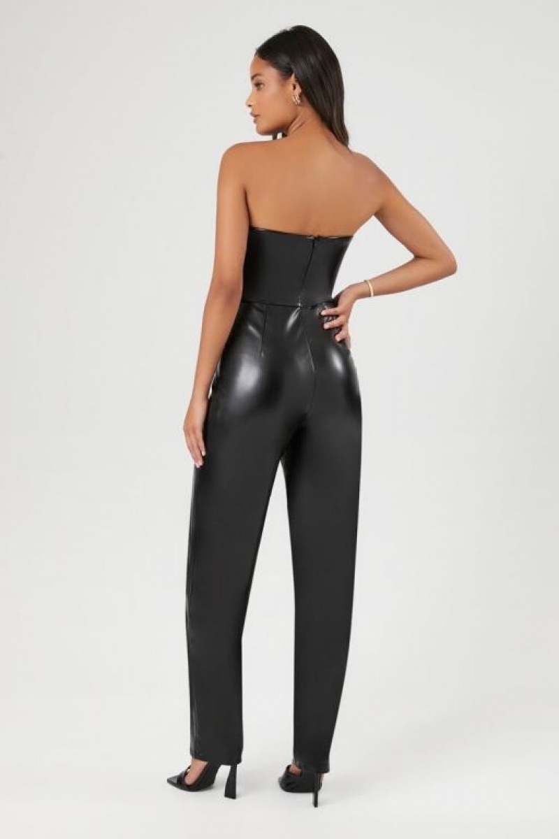 Jumpsuits Forever 21 Faux Cuero Strapless Jumpsuit Mujer Negras | Al53K9Q2UOa