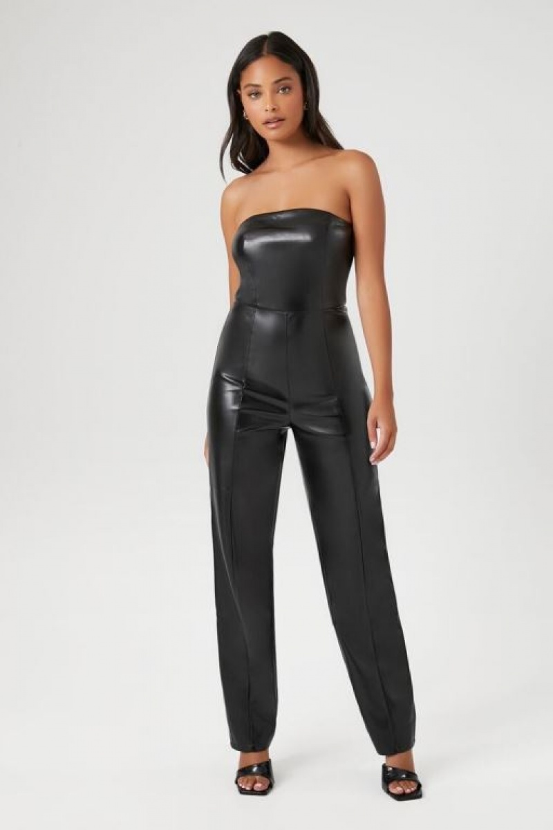 Jumpsuits Forever 21 Faux Cuero Strapless Jumpsuit Mujer Negras | Al53K9Q2UOa