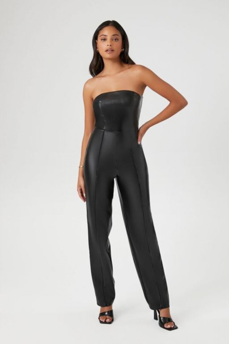 Jumpsuits Forever 21 Faux Cuero Strapless Jumpsuit Mujer Negras | Al53K9Q2UOa