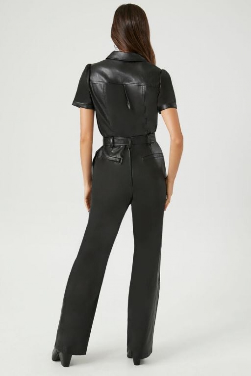 Jumpsuits Forever 21 Faux Cuero Tie Waist Jumpsuit Mujer Negras | jbyT7iqjREt