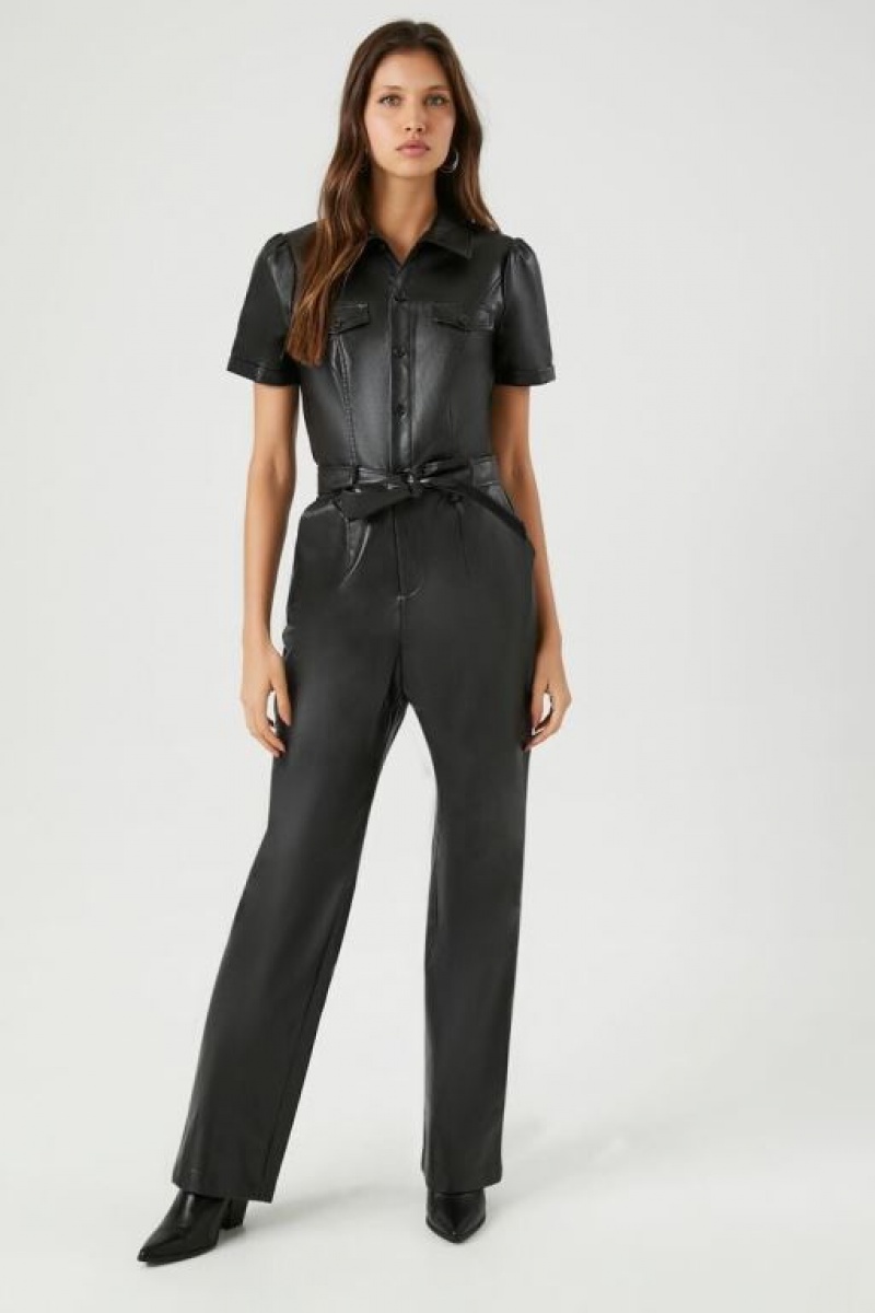 Jumpsuits Forever 21 Faux Cuero Tie Waist Jumpsuit Mujer Negras | jbyT7iqjREt